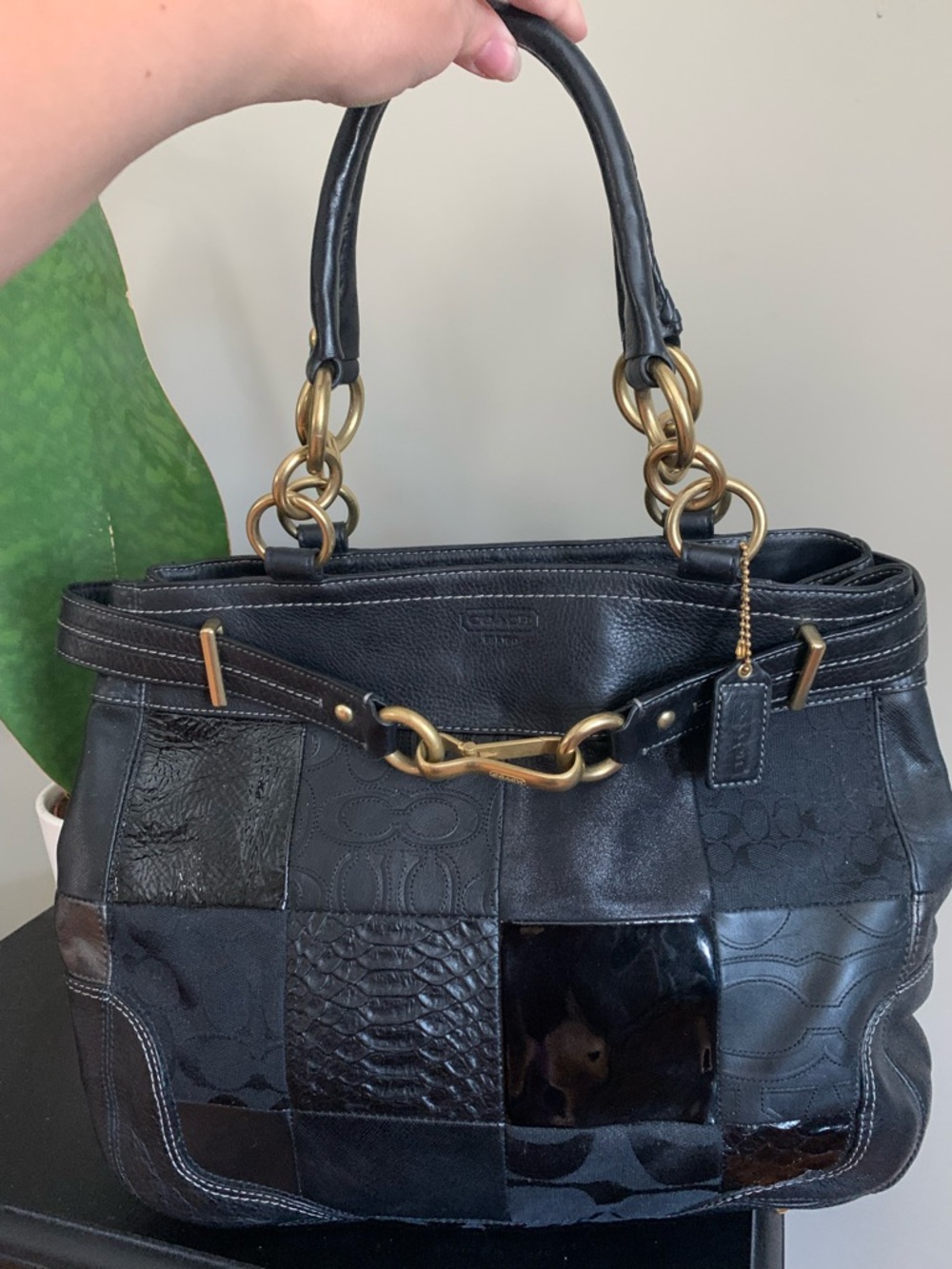 Coach Hamptons Patchwork Carryall Black Leather Gold Hardware Tote